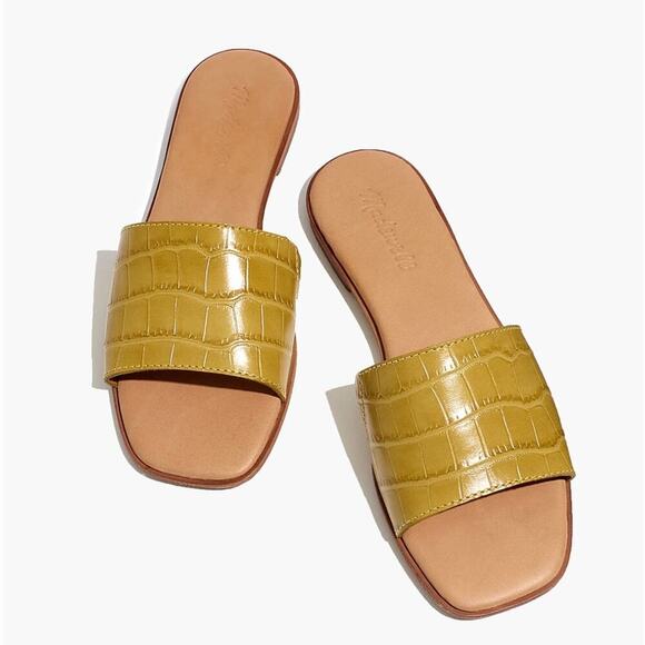 Madewell Shoes - Madewell The Lianne Slide in Croc Embossed Leather - Yellow Green Tan - Size 5.5